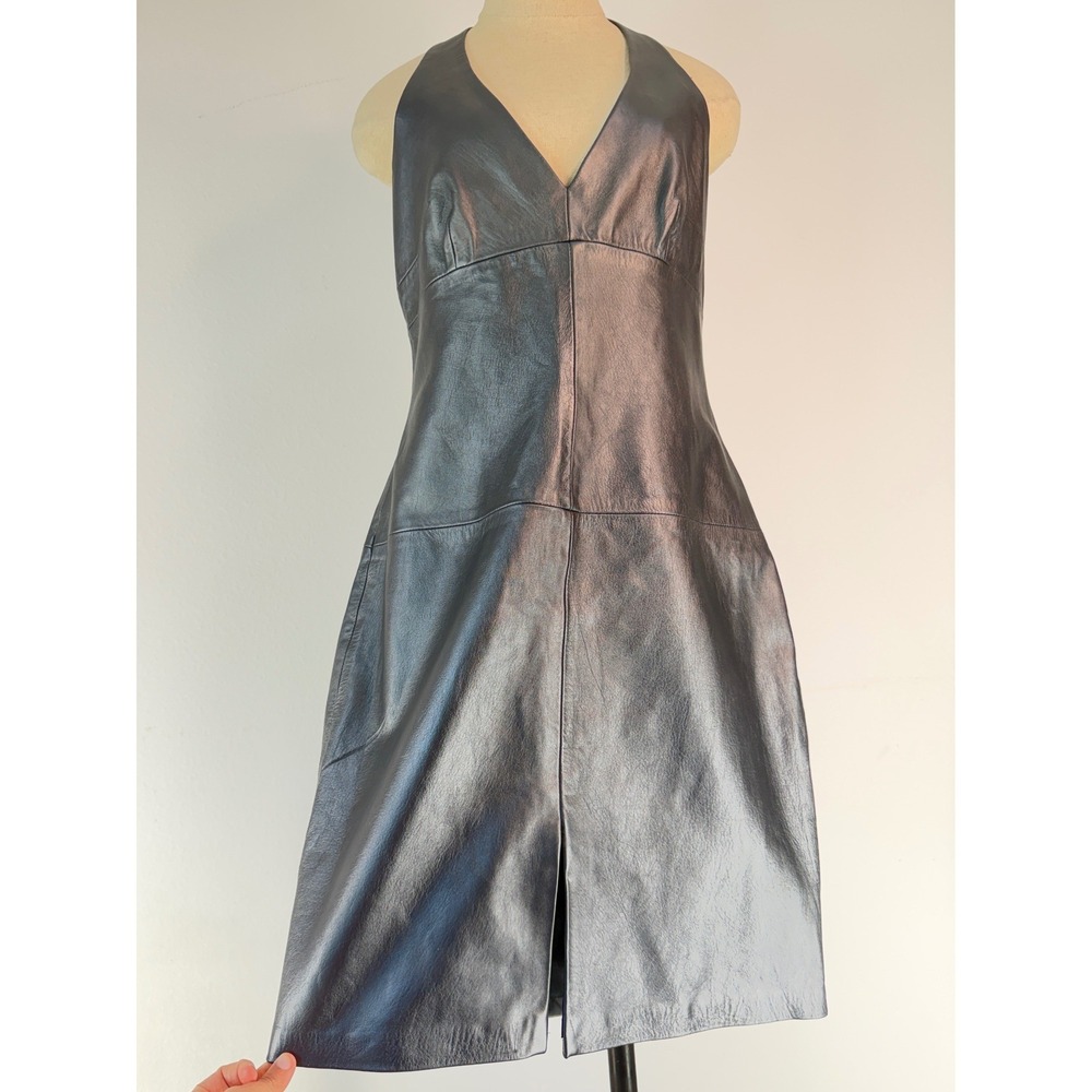 Vintage 90s Laundry by Shelli Segal Silver Leather Halter Neck Dress Size 12 Y2K